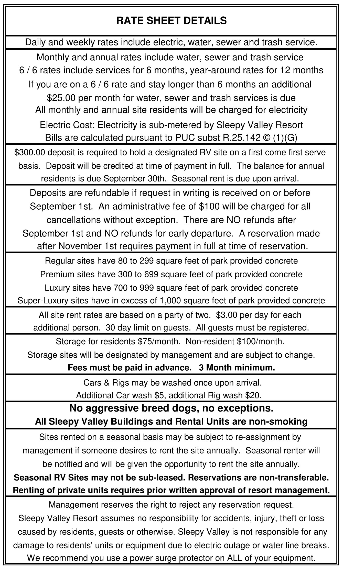RATE SHEET - SLEEPY VALLEY RESORT