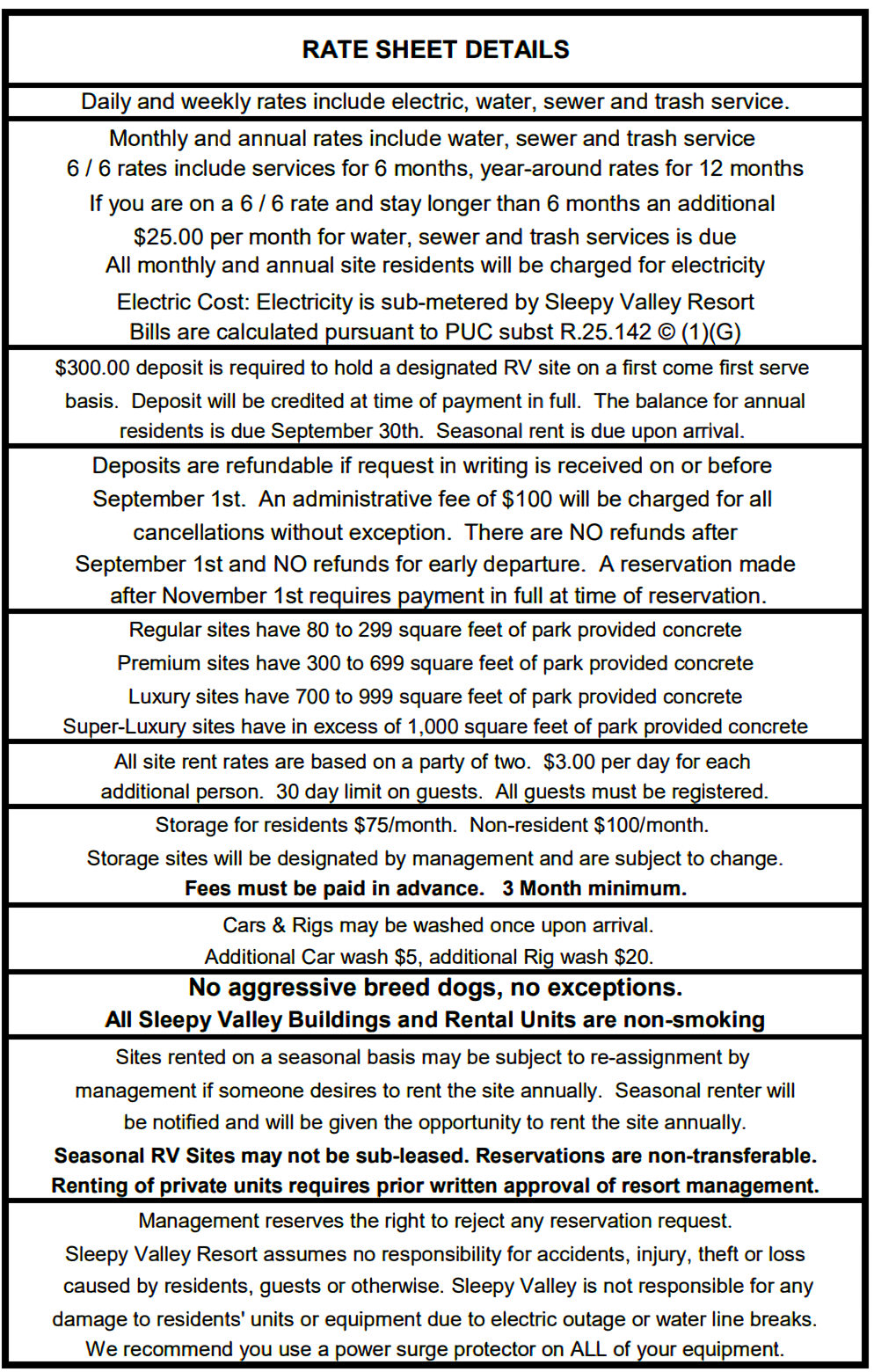 New rate sheet sleepy valley